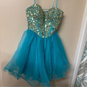 Dave & Johnny Blue and Gold Embellished Mini Dress